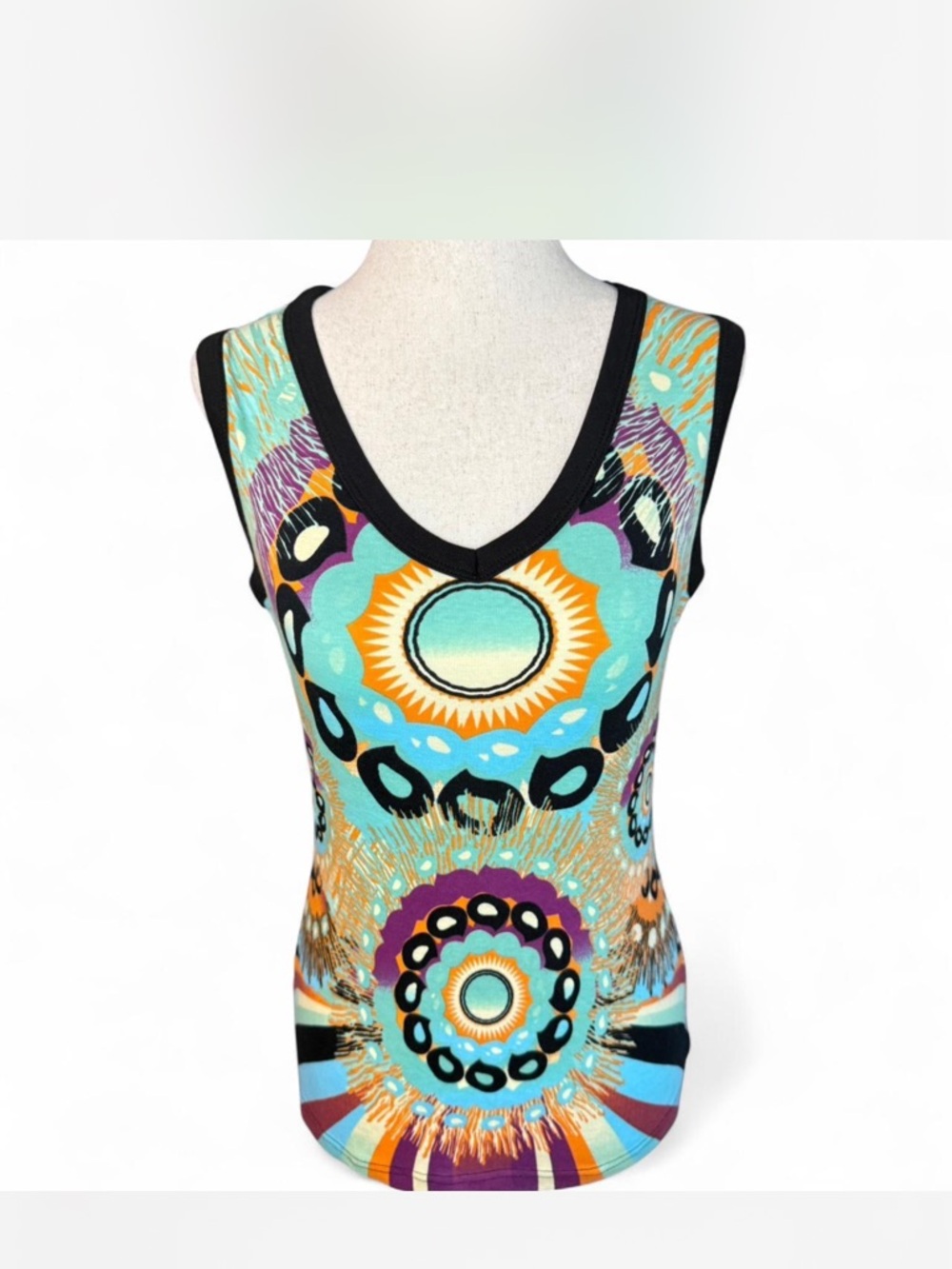 V-Neck Turquoise Multi Print Tank Top